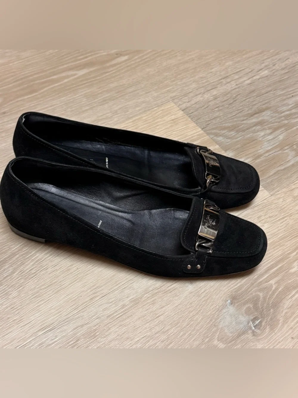 Prada Black Suede Leather Loafer Flats Size 37 US 7 Silver Hardware - Picture 3 of 16